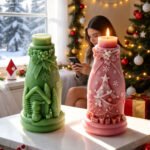 Snowman Jar Candle with Christmas House Scene - Image 2