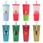 Large 710ml Double-Layer Plastic Straw Tumbler with Christmas - Image 2