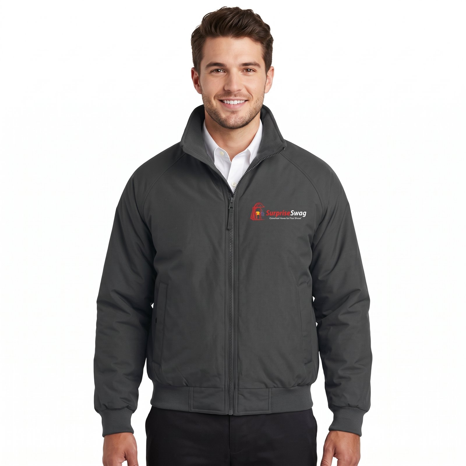 Battleship Grey Men's Fleece-Lined Bomber Jacket With Custom Logo - Image 1