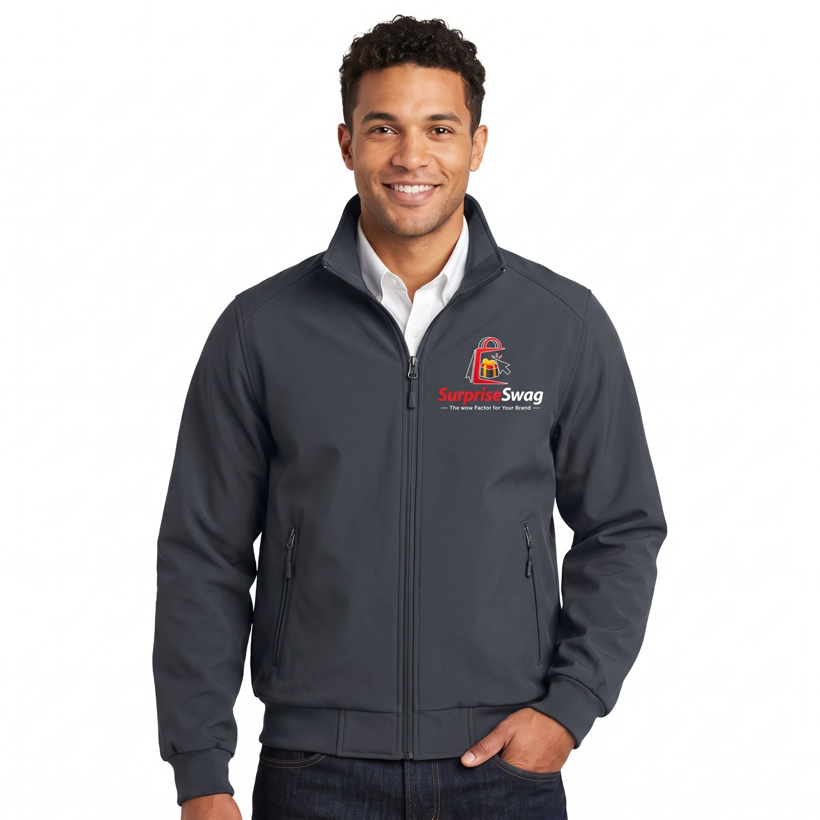 Battleship Grey Men's Softshell Bomber Jacket With Custom Branding Logo - Image 1