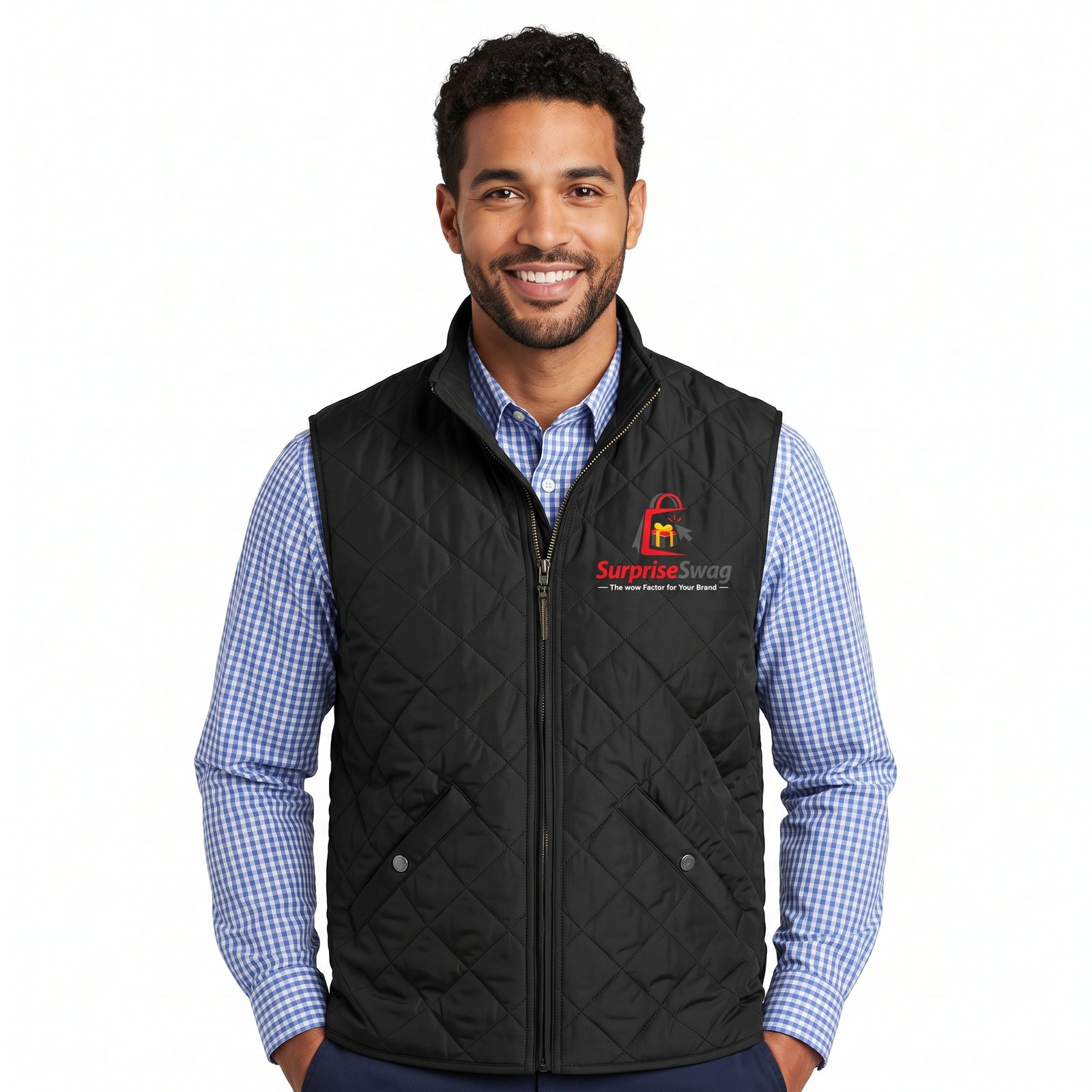 Deep Black Casual Diamond-Quilted Men's Vest with Stand Collar - Image 1