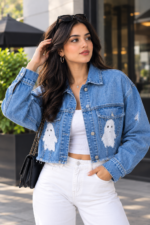 Women’s Applique Embroidered Short Denim Jacket - Image 2