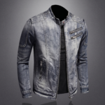 Men’s Retro Stand-Collar Zipper Denim Motorcycle Jacket - Image 2