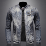Men’s Retro Stand-Collar Zipper Denim Motorcycle Jacket - Image 4