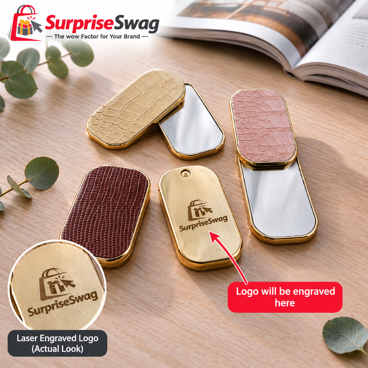 MIRROR 1 Custom Logo PU Leather Compact Mirror Gold Metal Promo - Image 1