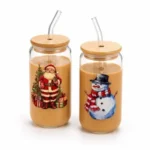 Christmas Borosilicate Glass Tumbler with Bamboo Lid & Straw