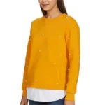 Women's Yellow Pearl-Beaded Crew Neck Knit Sweatshirt - Image 3