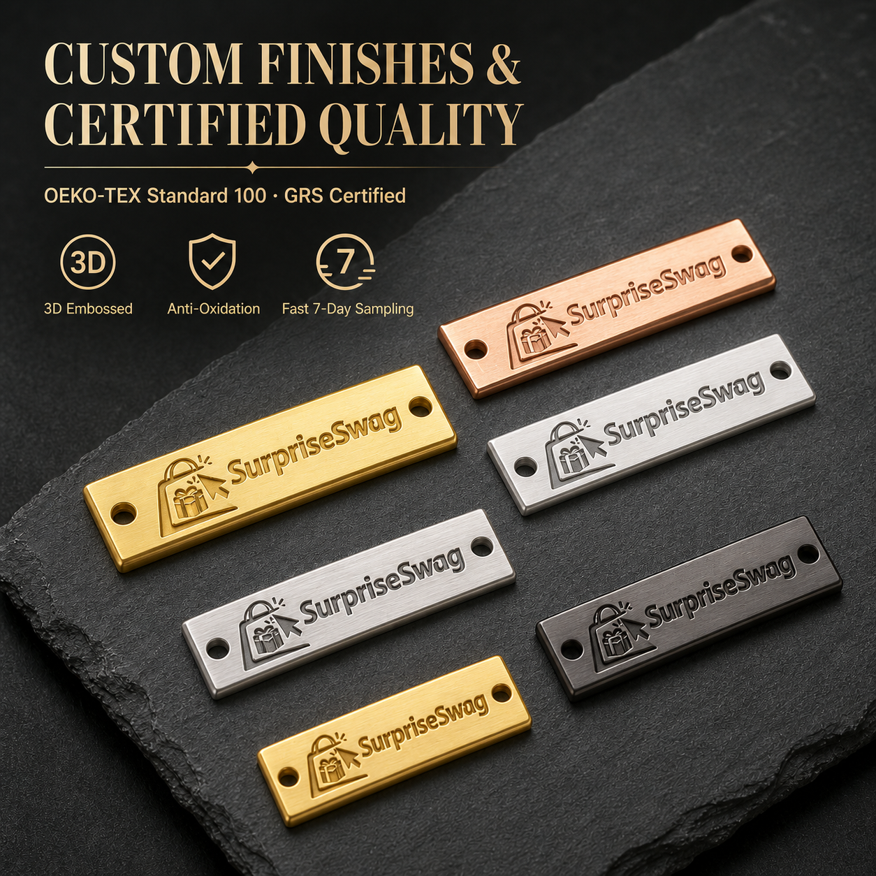 Metal Labels (4) Custom Logo 3D Embossed Metal Labels Promotional - Image 1