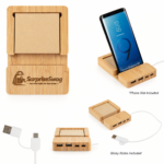 Custom Logo Bamboo USB Hub Phone Stand Desk Promo