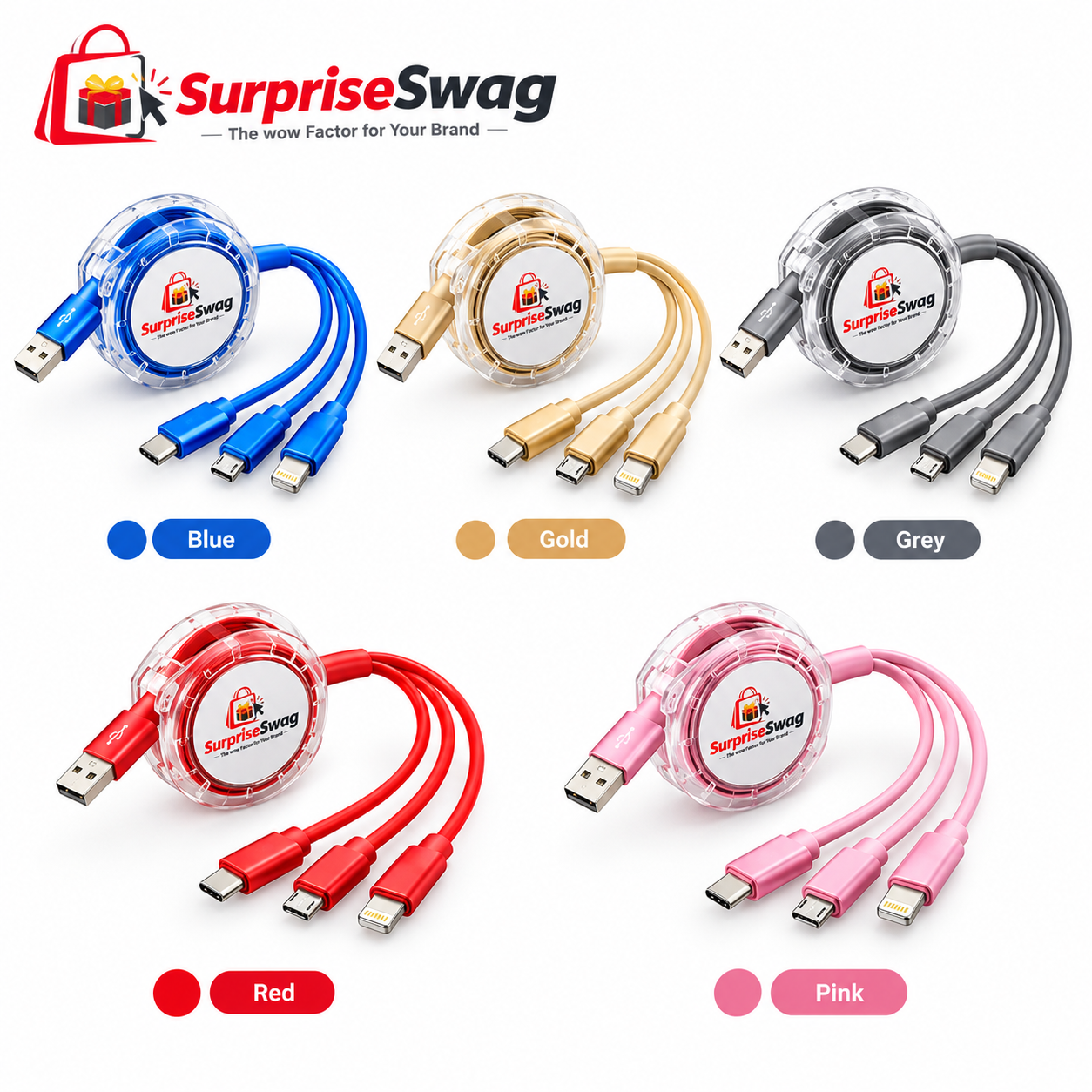 USB (1) Custom Logo Retractable 3-in-1 USB Charging Cable - Image 1
